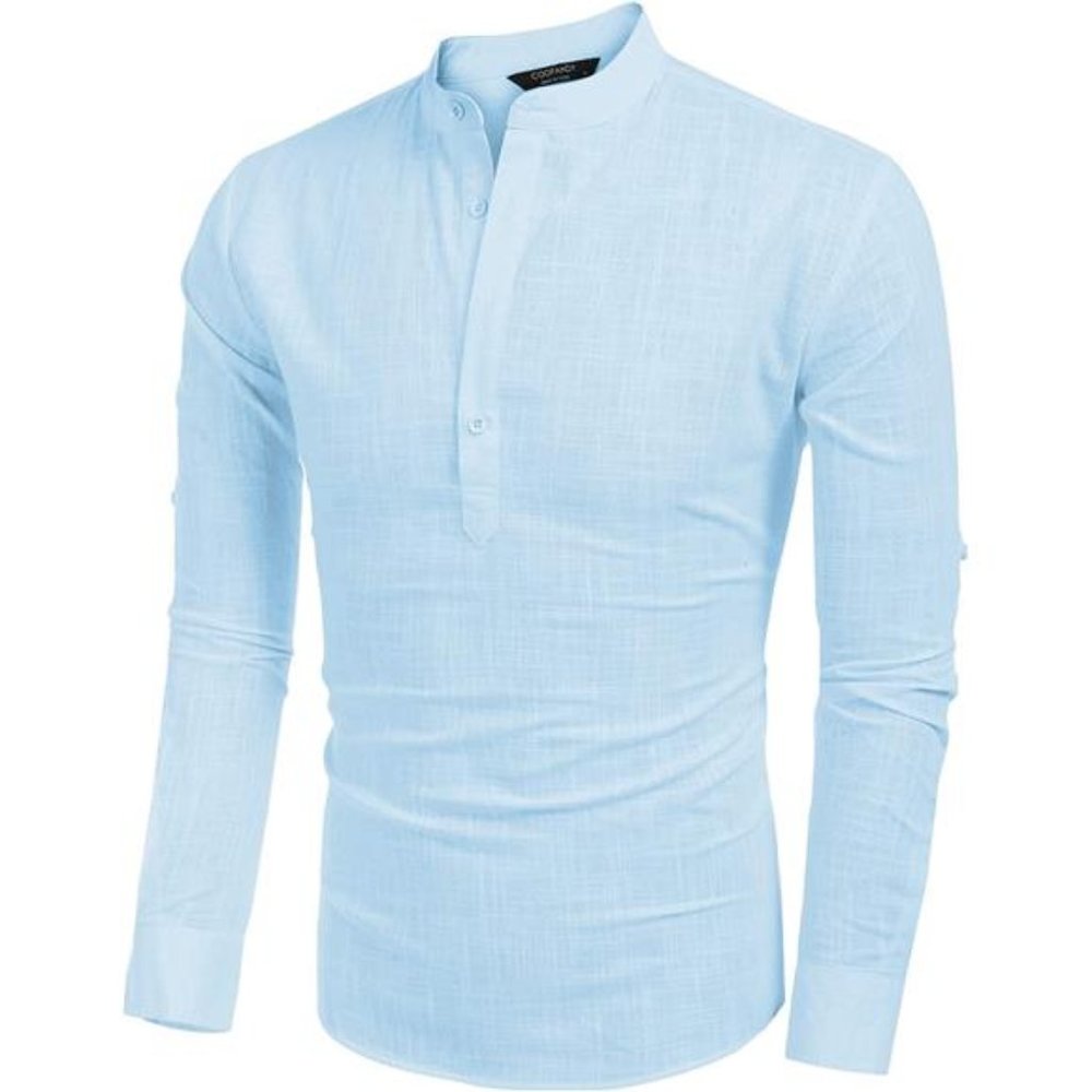 Men's Cotton Linen Henley Shirt Long Sleeve Hippie Casual Beach T Shirts - Picture 2 of 7